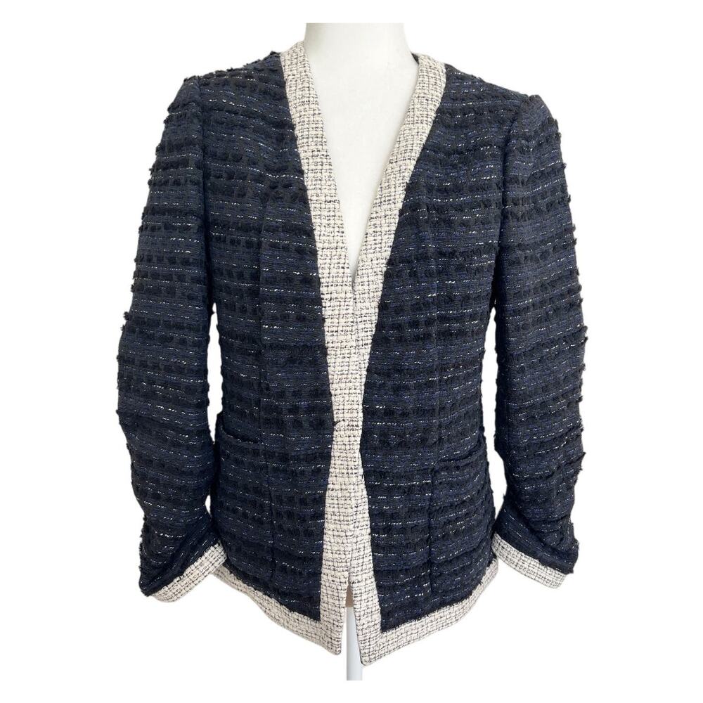 REBECCA TAYLOR NO FRONT BUTTONS Tailored Fringe Tweed Jacket  Navy SZ 8 EUC